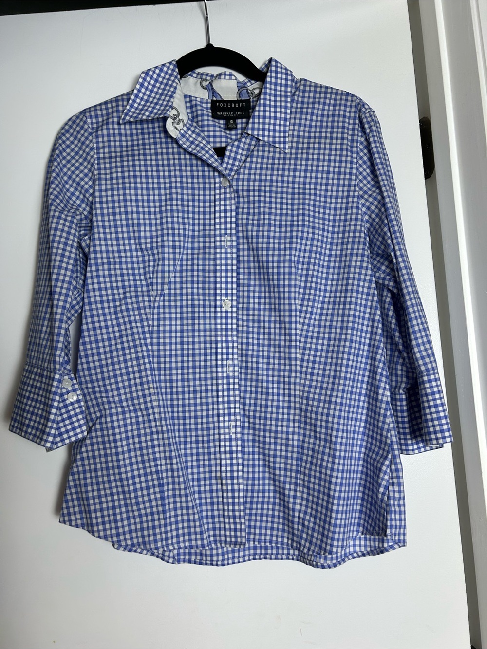 Foxcroft Light Blue and White Gingham Button-Down Shirt